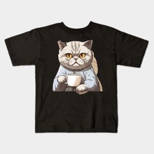 British Shorthair Cat Drinking Coffee Kids T-Shirt